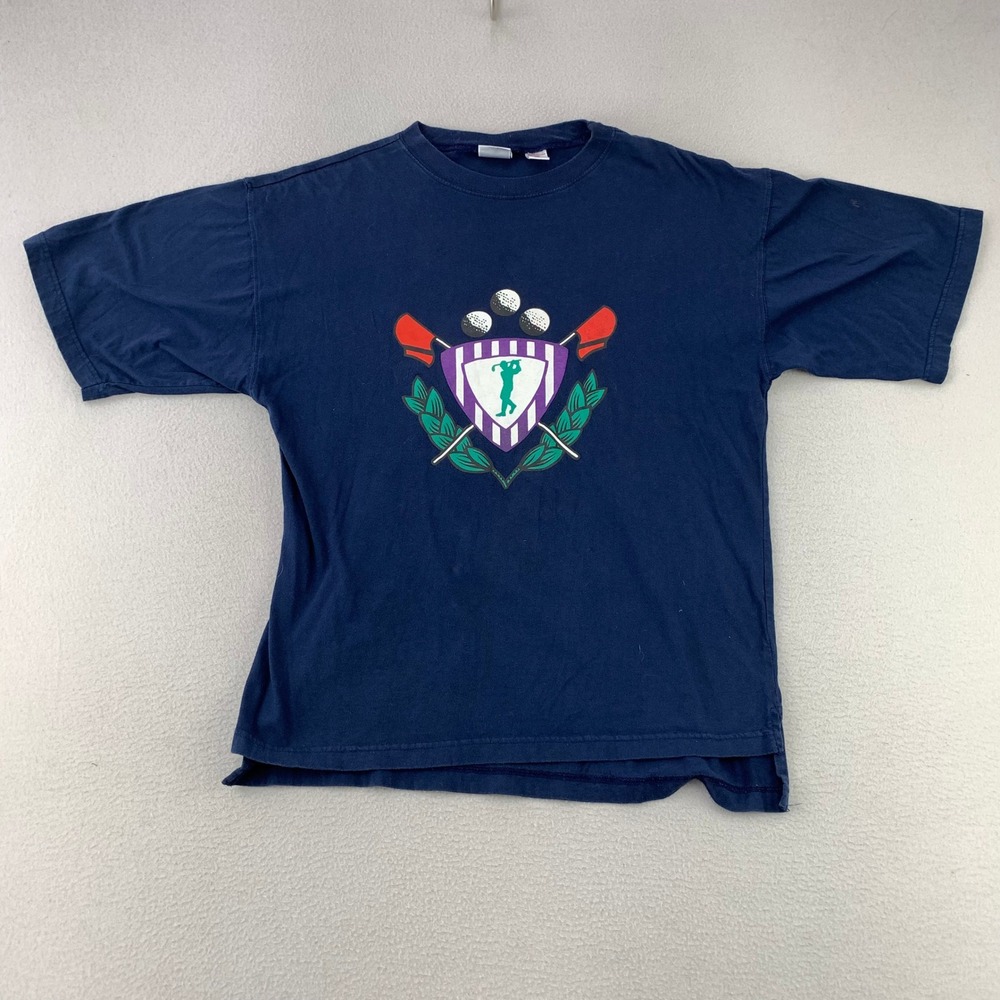 Vintage 90s John Ashford Golf T-Shirt‎ Men Medium Blue Crest Logo Graphic Tee
